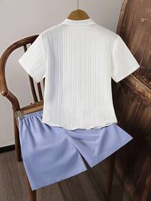 SHEIN Mirajuku Bộ 3 món cho bé trai tuổi thiếu niên: Áo sơ mi trắng phối họa tiết hoa tương phản, quần trắng ống rộng phối họa tiết tương phản và khăn quàng cổ. - Màu xanh bụi bặm - Xem 2