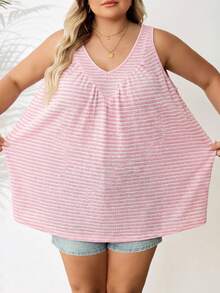 SHEIN CURVE+ 大码女式粉白条纹V领宽松吊带背心 - 粉色 - 查看 4
