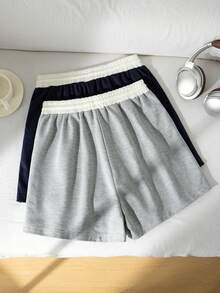 SHEIN 2件套少女弹力腰带时尚简约藏蓝色和灰色针织卫衣及宽松休闲短裤套装，适合春夏街头服饰 - 彩色 - 查看 2