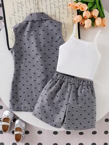 SHEIN Elladie kids 三件套少女正装套装：灰色西装外套、针织吊带背心、蝴蝶印花短裤，优雅夏季女童套装，休闲度假或上学穿着。 - 灰色 - 查看 2