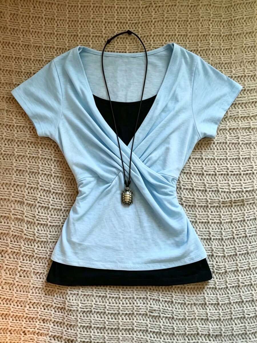 Glimmora Women's Solid Color Pleated Casual Versatile Daily Wear T-Shirt - Blue - View 1