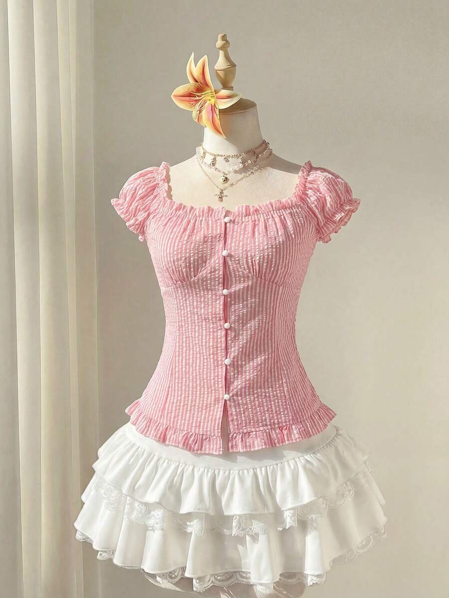 Flirla 女款粉色條紋V領荷葉邊下襬襯衫,性感甜美歐美風,休閒度假風,春夏穿搭 - 粉色 - 查看 1