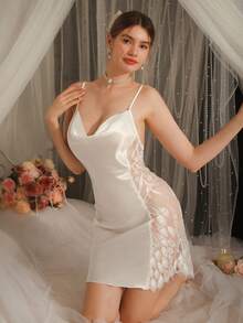 蕾丝拼布缎面 V 领女士细肩带睡衣吊带裙 - 白色 - 查看 4