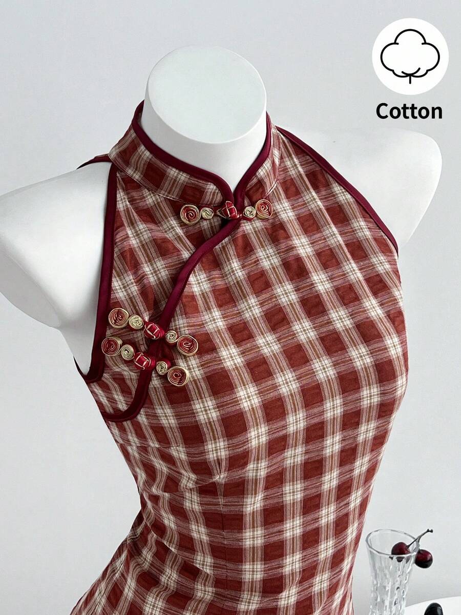 Elamini 红色格子撞色手工纽扣领短袖荷叶边迷你连衣裙，新款中国风复古甜美可爱通勤浪漫简约百搭日常女装，夏季 - 紅色 - 查看 1