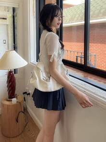 DAZY 女款圓領純色蝴蝶結針織短袖上衣 夏季高爾夫 白色性感學院風 - 白色 - 查看 2
