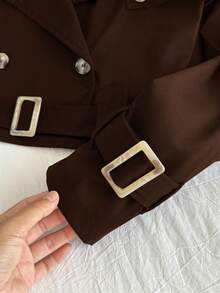 Comfortcana Plus Size Retro Brown Short Trench Coat With Collar, Suitable For Spring And Autumn - Brown - View 7