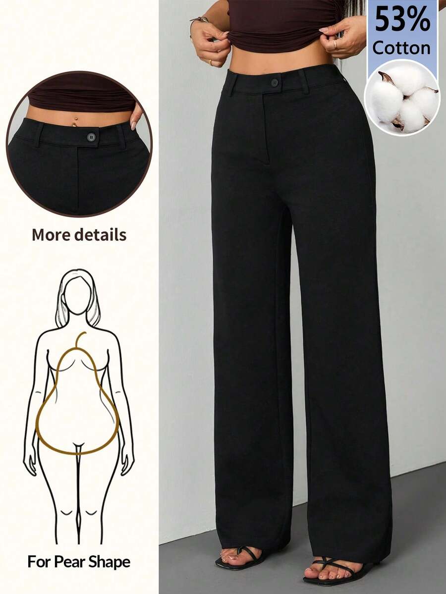 SHEIN PETITE 女士休闲简约纯色拉链宽松直筒裤,适合日常穿着,棉混纺面料,舒适透气 - 黑色 - 查看 1