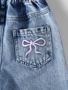 SHEIN Elladie kids Young Girls' Casual Jeans,Back-To-School Light Blue Vintage Distressed Denim,Elastic Waist Asymmetric Design,Bow Embroidered Pocket Straight Leg Pants - Light Wash - View 6