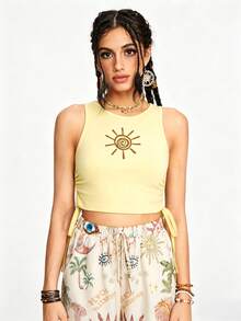 ROMWE Women's Summer Casual Vacation Hippie Style Embroidered Pleated Camisole - Yellow - View 4