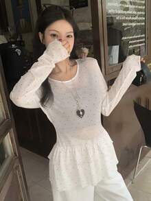 DAZY 女士波点印花圆领荷叶边薄纱长袖T恤 - 白色 - 查看 6