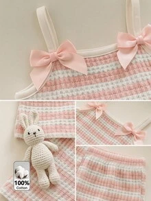 SHEIN 女婴针织条纹吊带背心和短裤两件套 - 粉色 - 查看 5