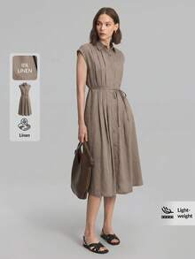 Maija Plus Size Women's Brown Summer Smart Casual Shirt Dress Solid Color Pleated Waist Tie Button Down Vacation Holiday Elegant Office Work Midi Dresses - Khaki - View 9