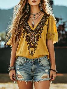 EMERY ROSE Plus-Size Women's Ginger Yellow Summer Top,Boho Watermark Print V-Neck Casual Shirt,Retro Versatile Simple Bohemian-Style Vacation Holiday Outfits - Yellow - View 3