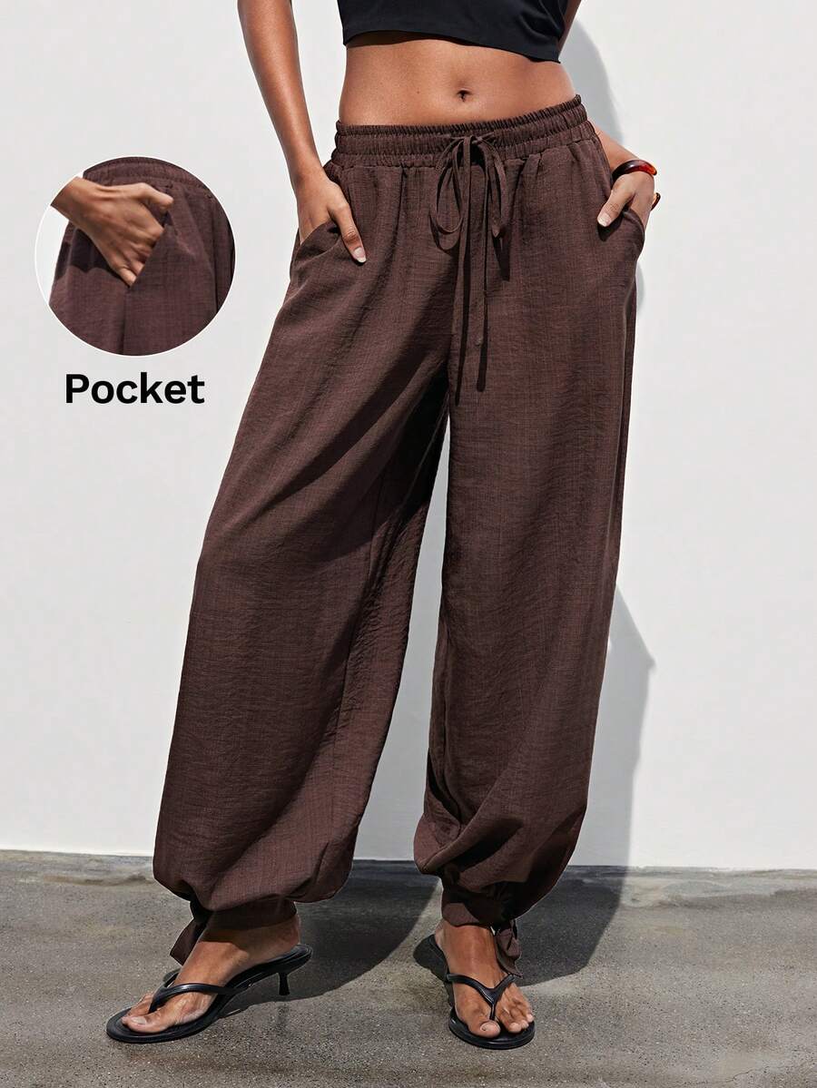 SHEIN Maija Women's Solid Color Drawstring Waist Pockets Casual Loose Harem Pants, Summer Holiday , Spring , Valentine For Women, Beach Pants, Beach , Vacation, Summer Holiday , Vacation For Women, Casual Pants, Brown Pants, Loose And Comfortable Baggy Pants Loose Pants St Patrick's Day Women Easter Summer Easter Party Top Summer Holidays Each Vacations For Women Summer For Women Going Outs Graduation Casual