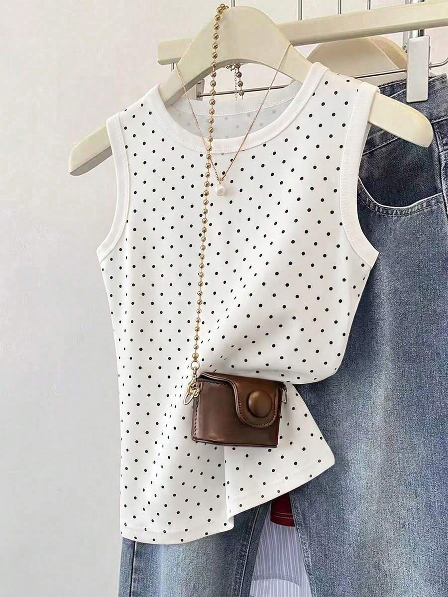 Airaco Blusa de mujer de uso diario versátil con cuello redondo y lunares - Blanco - Ver 1