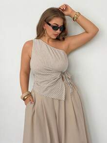 Auralis Summer Elegant Beige Vacation Holiday Plus Size Women One Shoulder Gathered Tie Waist Blouse,Minimalist Commuter Workwear Mermaid Style Party Top - Khaki - View 7