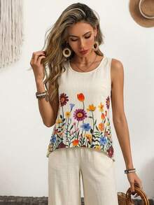 SHEIN Franclia Ärmellose Blumenprint-Tank Top, geeignet für Oster-Garten-Picknick, Sommer-Strandurlaub, Lässig-Wear für Musikfestivals - Verschiedenfarbig - Übersicht 7
