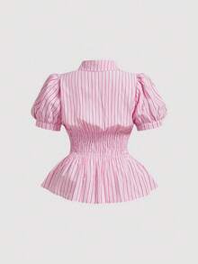SHEIN MOD Áo kiểu nữ cỡ lớn mùa hè dáng suông kẻ sọc tay cánh hoa - Hồng - Xem 2