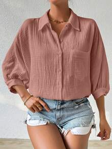 SHEIN Women's Minimalist Casual Solid Color Front Button Textured Drop Shoulder Shirt - Pink - View 4