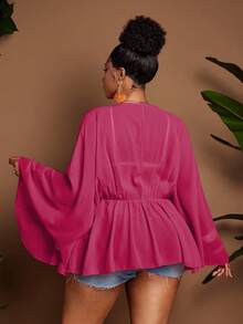 Plus Size Elegant Chiffon V-Neck Ruffle Sleeve Blouse, Loose Fit Pleated Slimming Flowy Casual Summer Top, Orange - Hot Pink - View 2