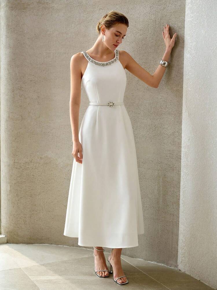 ELEGANT RHINESTONE DETAILED BELTED SLIP DRESS
