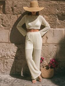 EURMUSE Flare Sleeve Crop Top & Cream Crochet Knit Set – High Waist Wide Leg Pants With Gold Accessory - Beige - View 3