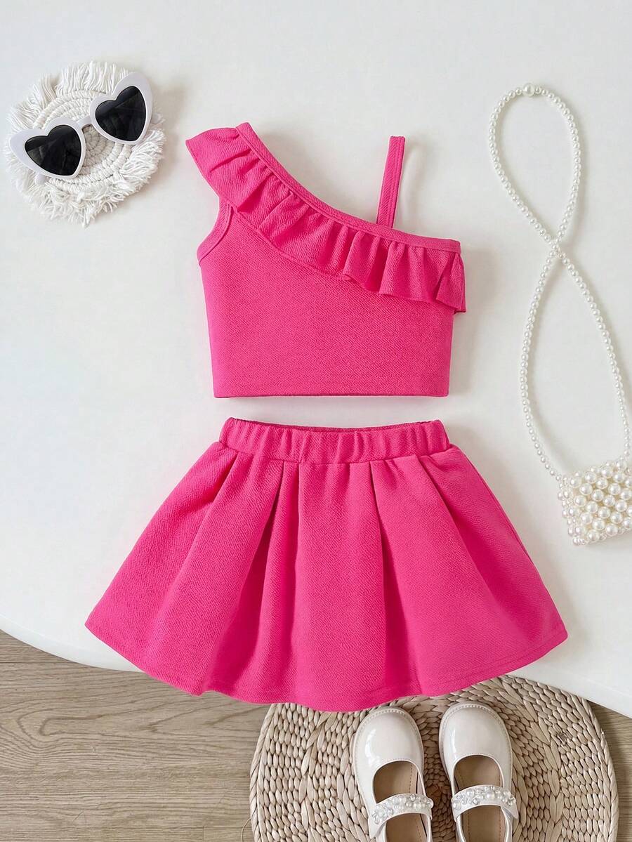 Elladie kids Conjunto de 2 piezas de top corto de tirantes con volantes y falda para bebé niña, moda de verano - Rosa - Ver 1