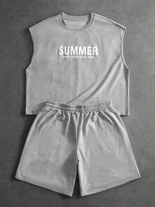 PAVTROS Bộ áo ba lỗ và quần short in chữ dành cho nam. - Xám - Xem 3