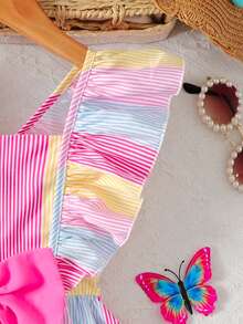 Colorful Striped Print Contrast Bow Ruffle Trim Short Sleeve Pink Casual Dress, Fashion Baby Daily Wear Dress, Spring/Summer Holiday Style - Multicolor - View 4