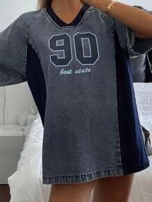 Livesso Women's V-Neck Contrast Letter Print Loose Denim Short Sleeve Top - Medium Wash - View 8