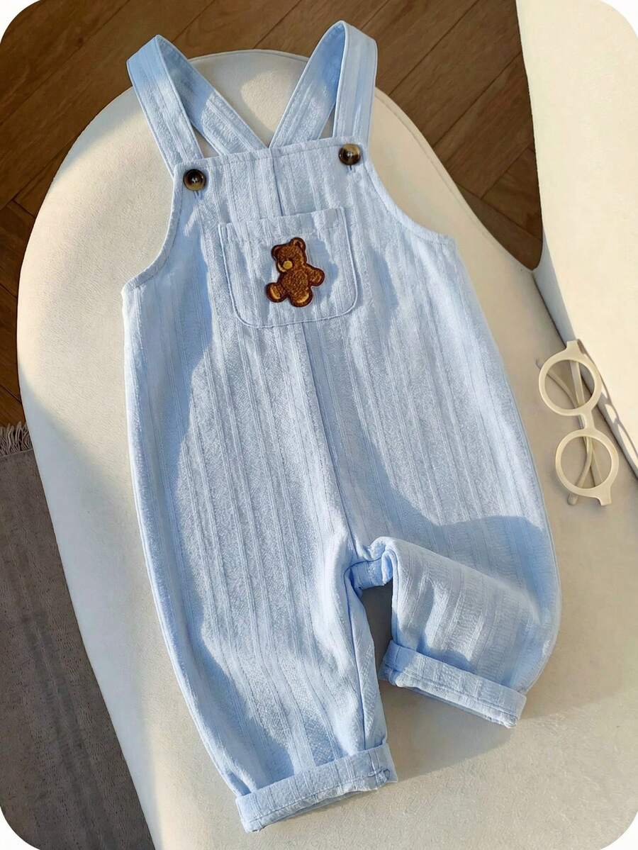 SHEIN Bộ yếm ăn cho bé trai kiểu dáng thường ngày, dễ thương, đa năng, họa tiết gấu hoạt hình kẻ sọc. - Màu xanh lam - Xem 1