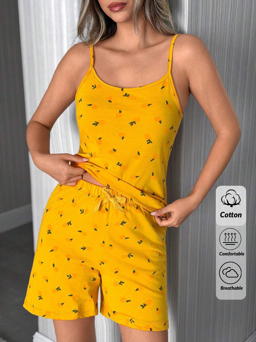 SHEIN Conjunto de pijama informal de camiseta de tirantes y pantalones cortos con cordón y estampado de limón suave amarillo - Amarillo - Ver 1