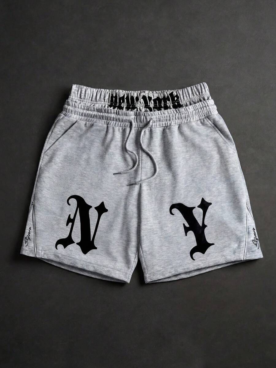 STYNVO Quần short nam kiểu dáng thường ngày, in chữ, có dây rút và túi ở eo. - Màu Xám nhạt - Xem 1