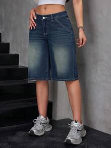 SHEIN 女士白色对比缝线深蓝色休闲牛仔裤 - 深色水洗藍 - 查看 3
