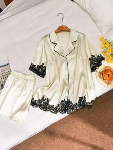 CosyJoli Plus Size Women's White Elegant Sommar Holiday Bachelorette Party Lace Patchwork Satin Suit,Cute Casual 2-Piece Set,Summer Shorts Set Daily Home Wear - Apricot - View 5