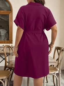 EMERY ROSE Plus Size Solid Color Zipper Belted Batwing Sleeve Summer Dress Maxi Women Outfit Shirt Dress For Women Curve Pirple Dress For Women New Arrival Dress For Women Casual Zanzea Dress For Women Plus Size Plus Size Dresses With Pockets Trending Outfits For Women Chic Dresses For Women Casual Dress For Women Purple Dress For Women - Red Violet - View 2