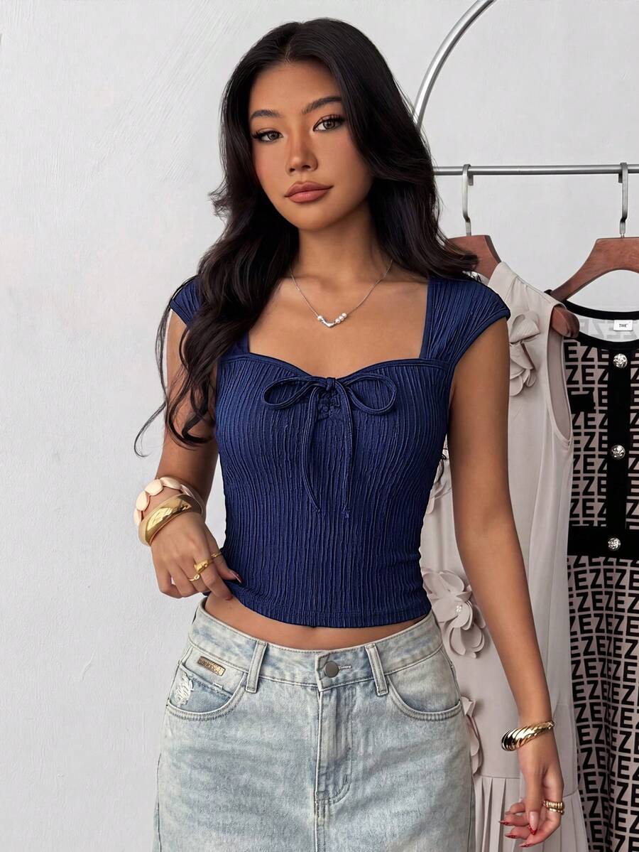 SHEIN 少女藏蓝色罗纹褶皱胸部可爱休闲露肩T恤,适合返校、假日家庭户外春季野餐、日常穿着。 - 藏蓝色 - 查看 1