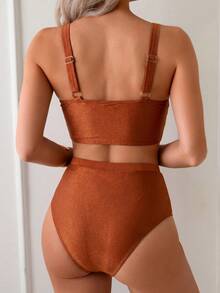 Swim Mod Set Camisole & Bikini Wanita yang Manis, Elegan, dan Berwarna Polos, Cocok untuk Liburan di Pantai - Coklat - View 2