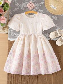 SHEIN Elladie kids Elegantes Sommerkleid für Kleine Mädchen mit Rundhalsausschnitt, Puffärmeln und Falten - Pink - Übersicht 3