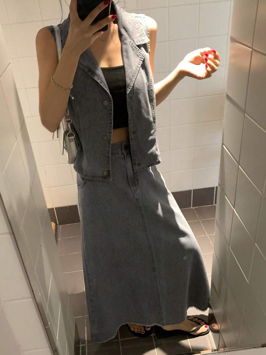 DAZY 女士单排扣翻领马甲和牛仔裙休闲两件套 - 藍色 - 查看 1