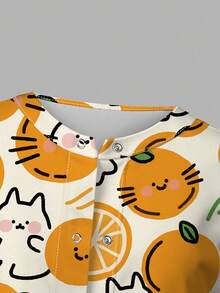 PopScrub 橙色猫咪卡通印花手术服外套，时尚开衫设计，带垂耳装饰，女士护士制服上衣，春夏制服外套 - 彩色 - 查看 6