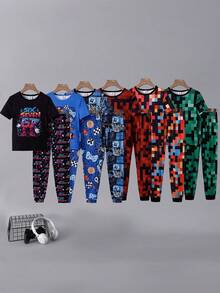 [2 Sets Random] 1 Set Tween Boy Snug Fit Pajamas Round Neck Short Sleeve & Long Pants Multicolor Checkered Cartoon Game Soccer Soft Knit Spring - Multicolor - View 4