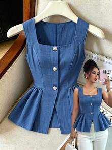 Elenzga Blusa sin mangas con cuello cuadrado y cintura ceñida para mujer, con diseño texturizado, botones de perla y dobladillo con volantes, para verano - Neblina azul - Ver 1