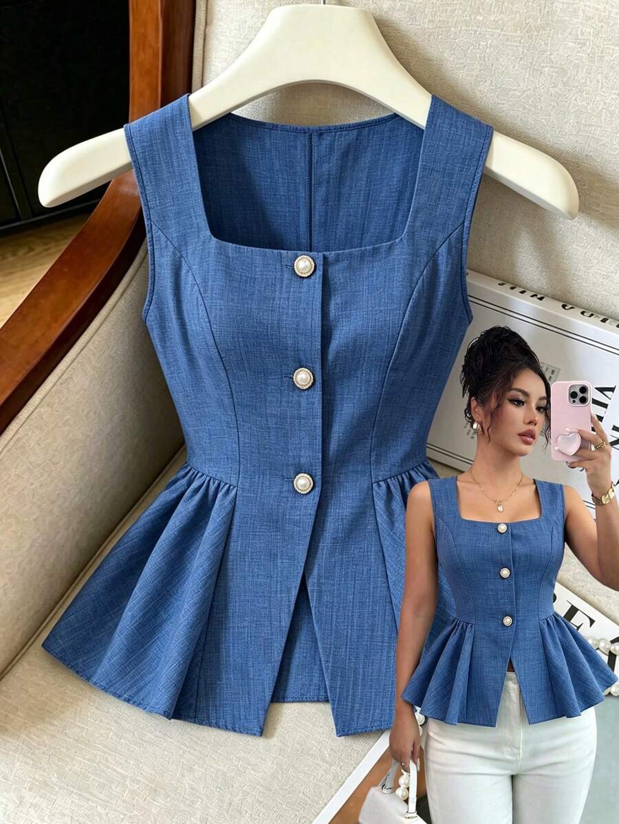 Elenzga Blusa sin mangas con cuello cuadrado y cintura ceñida para mujer, con diseño texturizado, botones de perla y dobladillo con volantes, para verano - Neblina azul - Ver 1