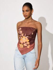 Maija Women's Floral Print Backless Tube Top, Boho Chic Tie-Front Strapless Graphic Top, Summer Vacation Holiday Beach, All Shades Of Brown, Festival - Multicolor - View 5