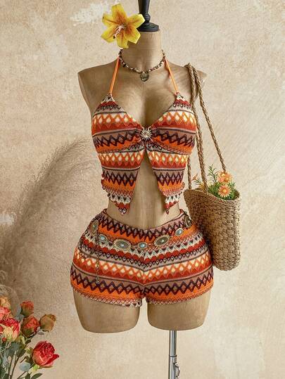 Soleia Spring/Summer New Casual Vacation Western Beach Wedding Guest Outfit Graduation Brunch, St. Patrick's Day Spring Break Easter Music Festival Elegant Boho Tropical Chic, Metal Decor, Low Waist Vacation Beach Outfit, Halter, Colorful Striped Orange Knit Women 2-Piece Set