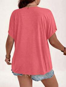 SHEIN LUNE Plus Size Summer Casual Solid Color Lace Patchwork T-Shirt - Watermelon Pink - View 2