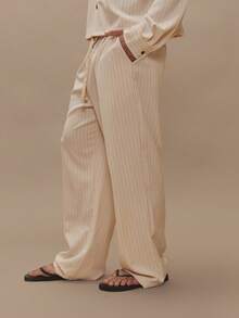 Loose Fit Pinstripe Elasticated Drawstring Waistband Smart Style Pinstripe Trouser Bottoms Co Ord Pants Only Spring Summer Essentials Holiday - Apricot - View 3