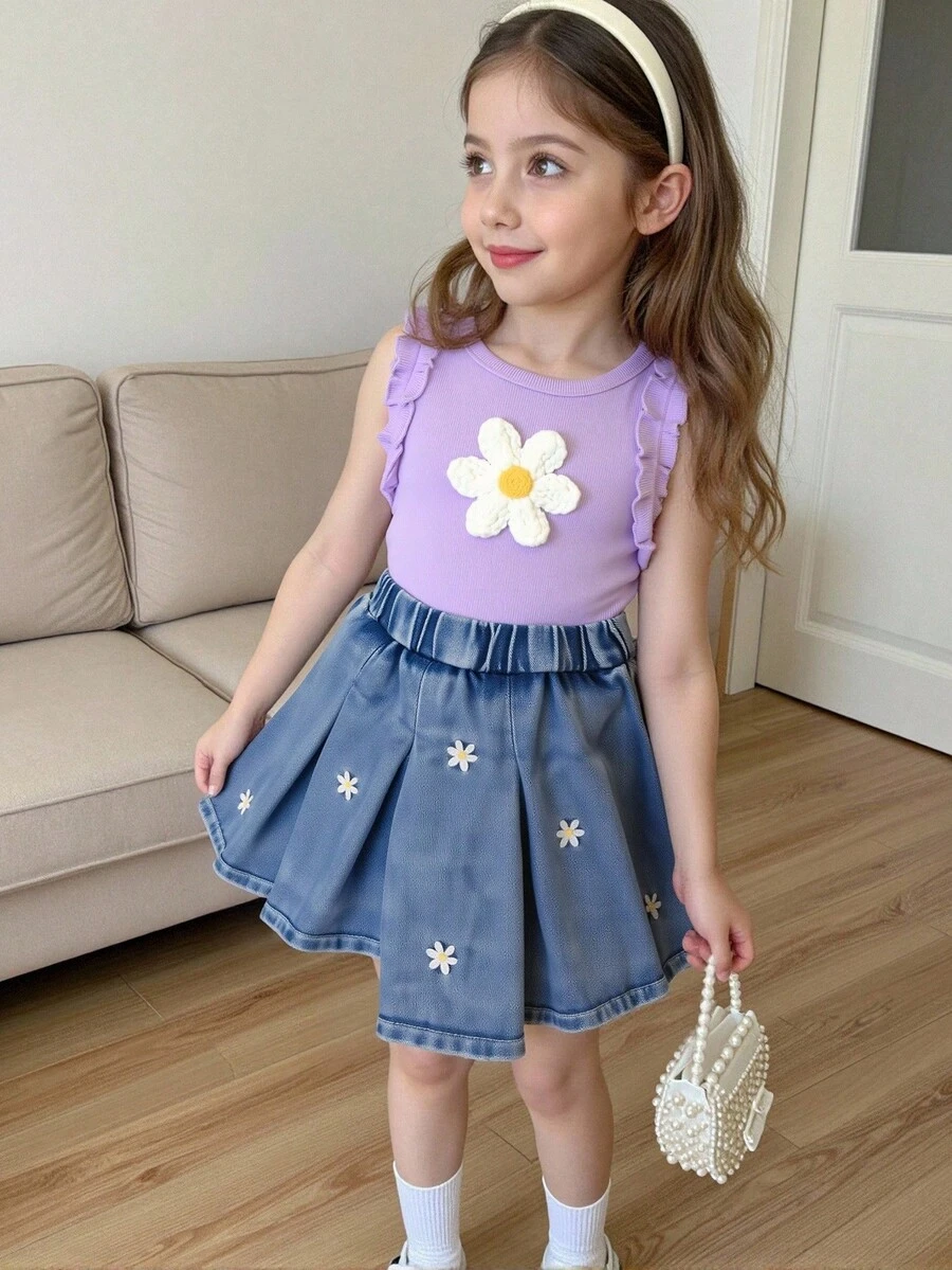 SHEIN 2 Stück/Set Kleinkind Mädchen Süßer Rundhals 3D Blumen Dekor Gerippter Ärmellos Top und Denim Rock mit Stickerei Plissee, Süß & Lieblich Sommer Outfit - Violett - Übersicht 1
