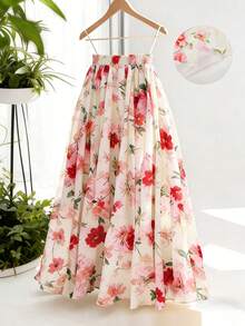 SHEIN LUNE 女款優雅花卉印花喇叭裙，夏季休閒派對度假假日，復古波希米亞街頭風 - 彩色 - 查看 1